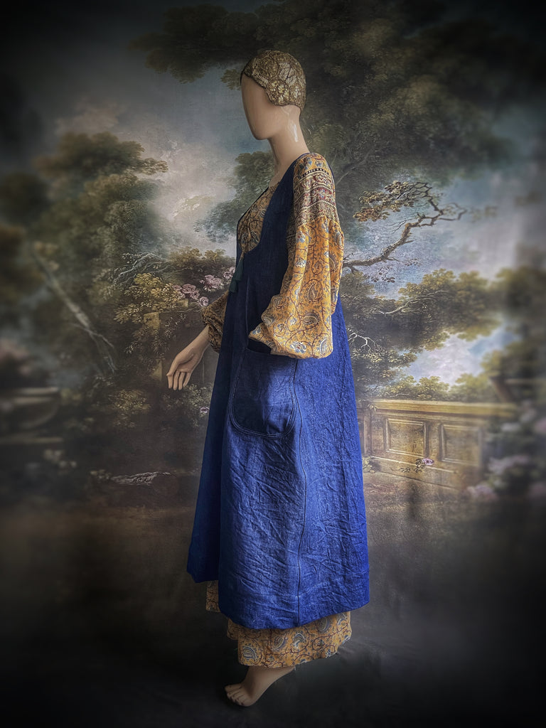 Indigo garden overalls created from vintage deadstock  workwear denim. Bohemian style from antique textiles by the Pavilion Parade studio.