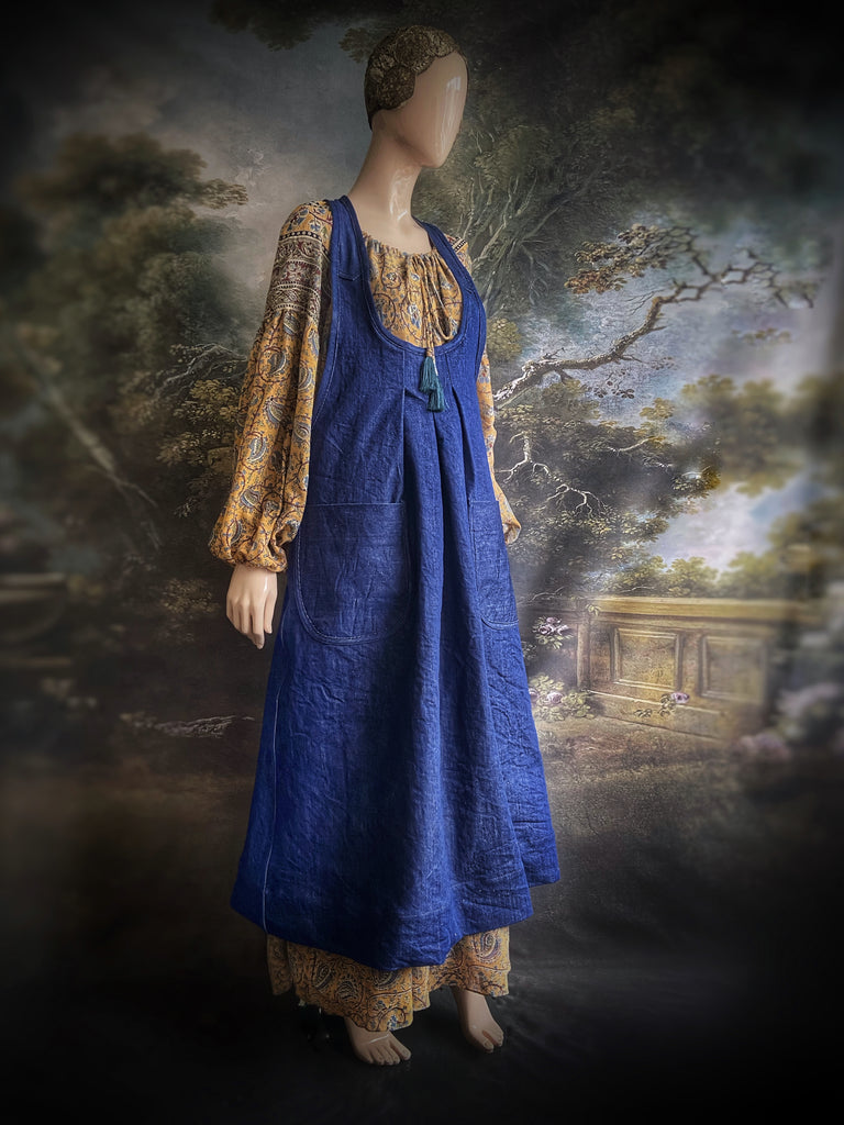 Indigo garden overalls created from vintage deadstock  workwear denim. Bohemian style from antique textiles by the Pavilion Parade studio.