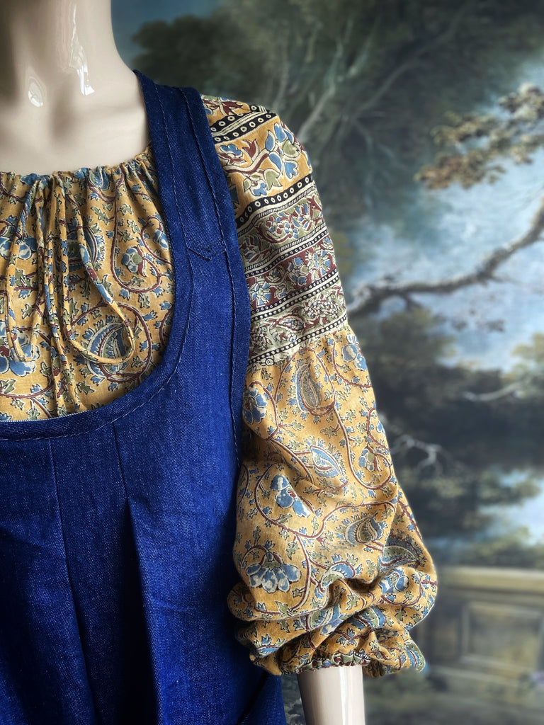 Indigo garden overalls created from vintage deadstock  workwear denim. Bohemian style from antique textiles by the Pavilion Parade studio.