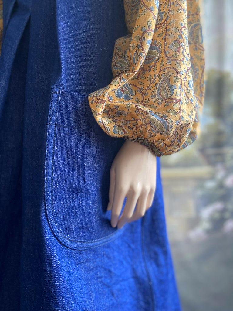 Indigo garden overalls created from vintage deadstock  workwear denim. Bohemian style from antique textiles by the Pavilion Parade studio.