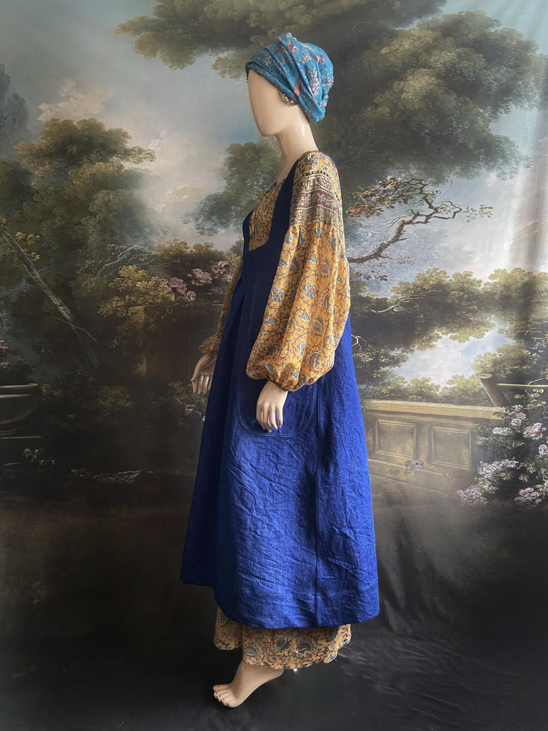 Indigo garden overalls created from vintage deadstock  workwear denim. Bohemian style from antique textiles by the Pavilion Parade studio.