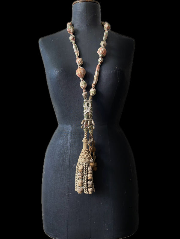 Aesthetic Movement inspired long silk sautoir necklace with antique tassel embellishment. Bohemian style from vintage textiles by Pavilion Parade. 
