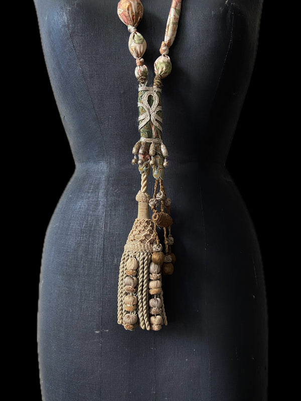 Aesthetic Movement inspired long silk sautoir necklace with antique tassel embellishment. Bohemian style from vintage textiles by Pavilion Parade. 