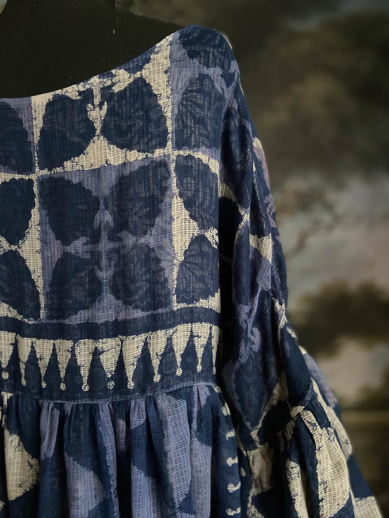 Indigo hand block printed fine cotton muslin dress with balloon sleeves and pockets. Aesthetic Movement inspired bohemian style sustainably created from vintage and antique textiles by the Pavilion Parade studio.