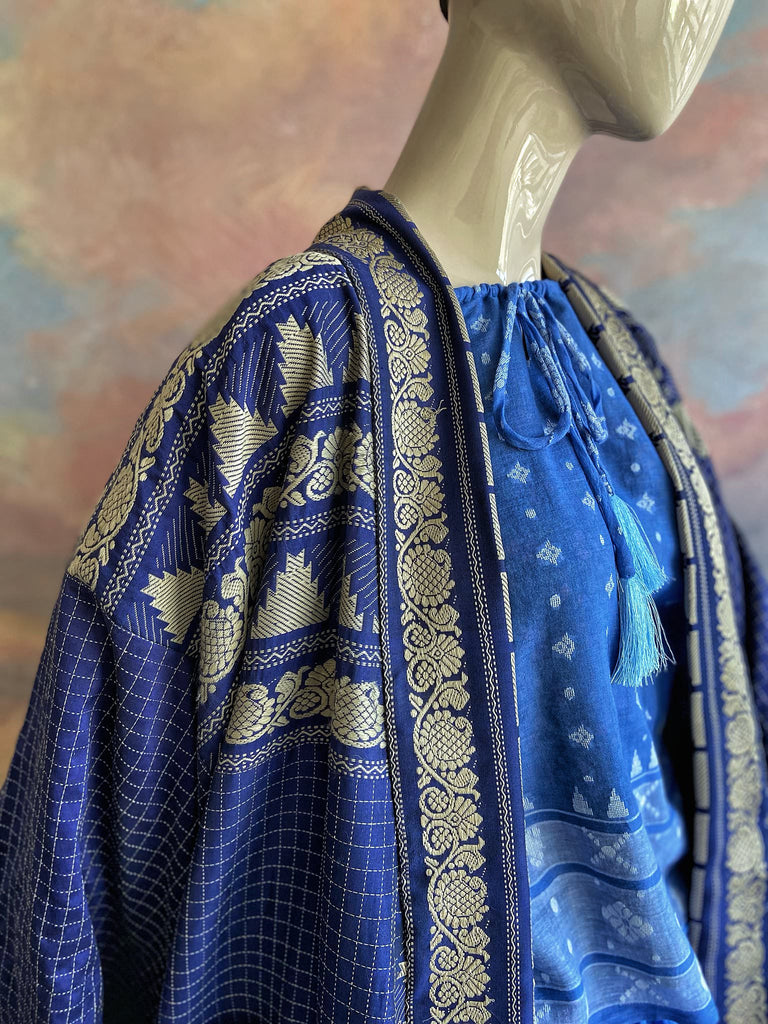 Indigo blue hand-loomed pure cotton lined kimono robe. Bohemian styles created from vintage and antique textiles in the UK by the Pavilion Parade studio.