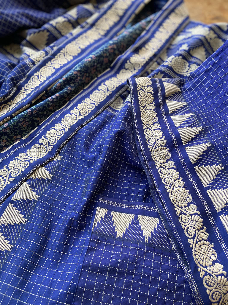 Indigo blue hand-loomed pure cotton lined kimono robe. Bohemian styles created from vintage and antique textiles in the UK by the Pavilion Parade studio.