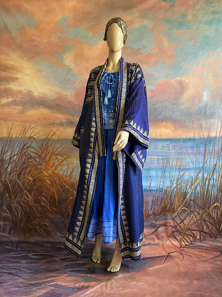 Indigo blue hand-loomed pure cotton lined kimono robe. Bohemian styles created from vintage and antique textiles in the UK by the Pavilion Parade studio.