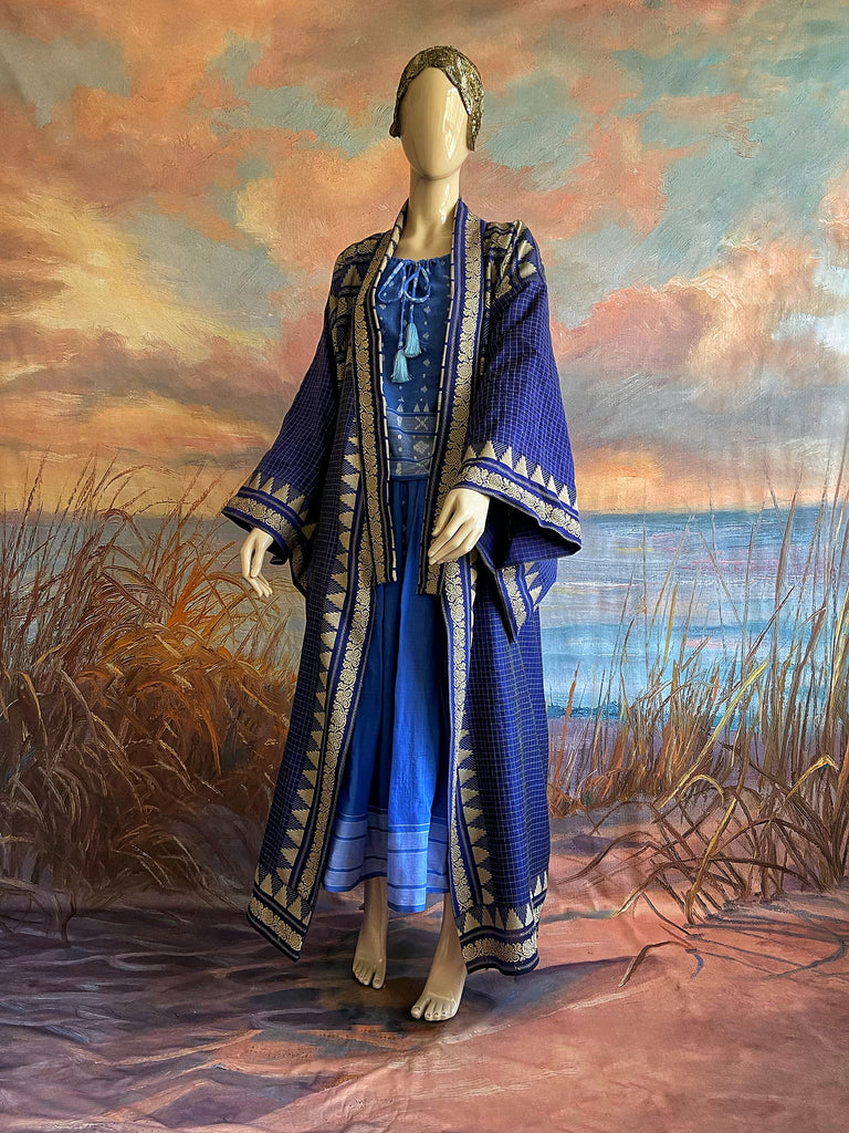 Indigo blue hand-loomed pure cotton lined kimono robe. Bohemian styles created from vintage and antique textiles in the UK by the Pavilion Parade studio.