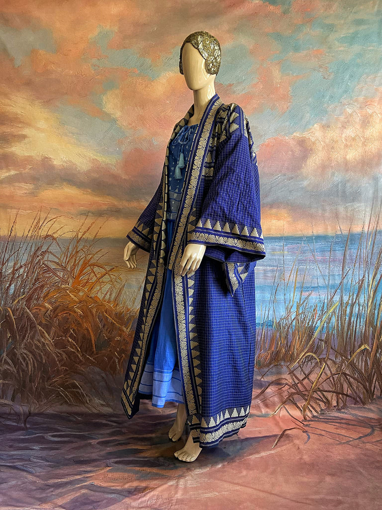 Indigo blue hand-loomed pure cotton lined kimono robe. Bohemian styles created from vintage and antique textiles in the UK by the Pavilion Parade studio.