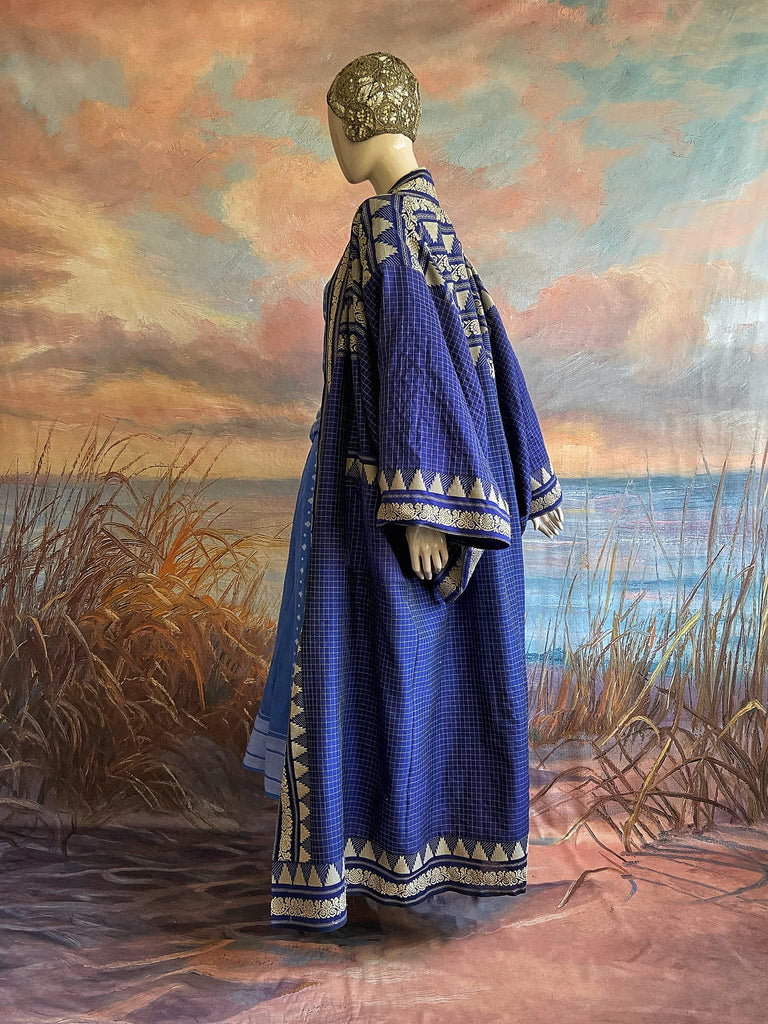 Indigo blue hand-loomed pure cotton lined kimono robe. Bohemian styles created from vintage and antique textiles in the UK by the Pavilion Parade studio.