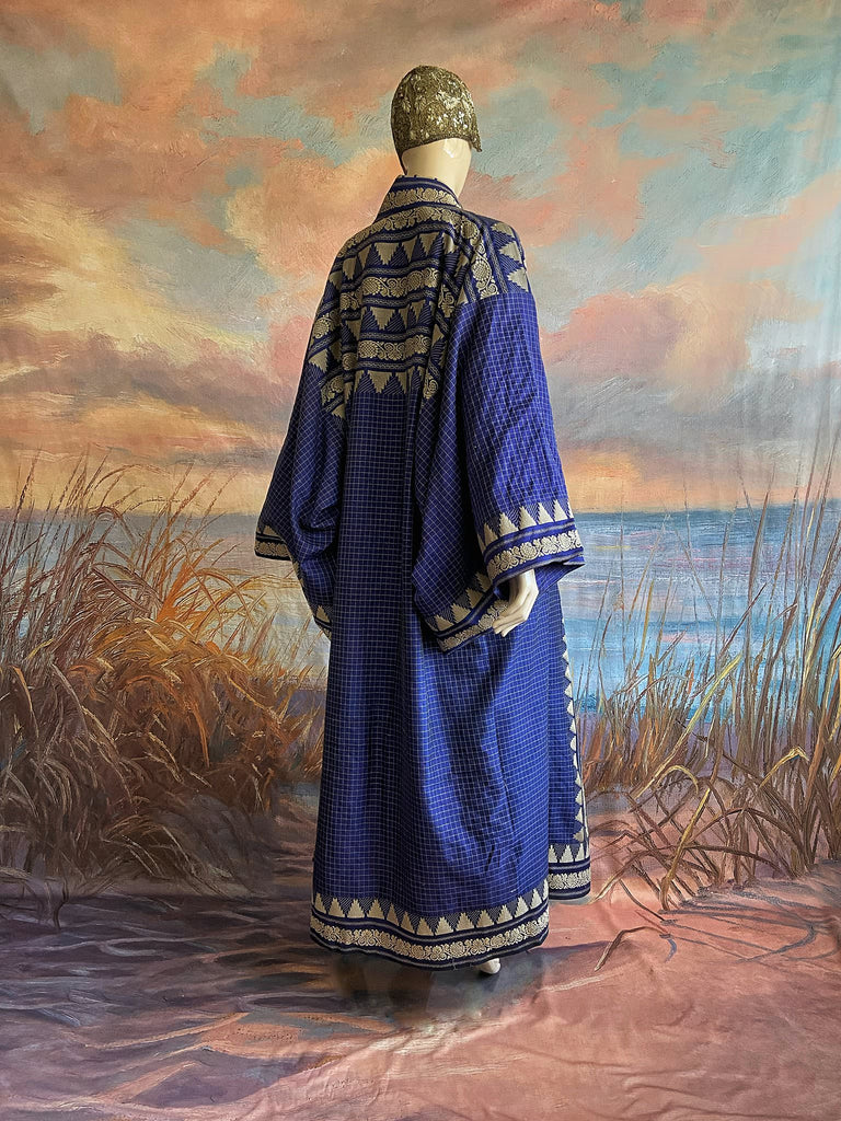 Indigo blue hand-loomed pure cotton lined kimono robe. Bohemian styles created from vintage and antique textiles in the UK by the Pavilion Parade studio.