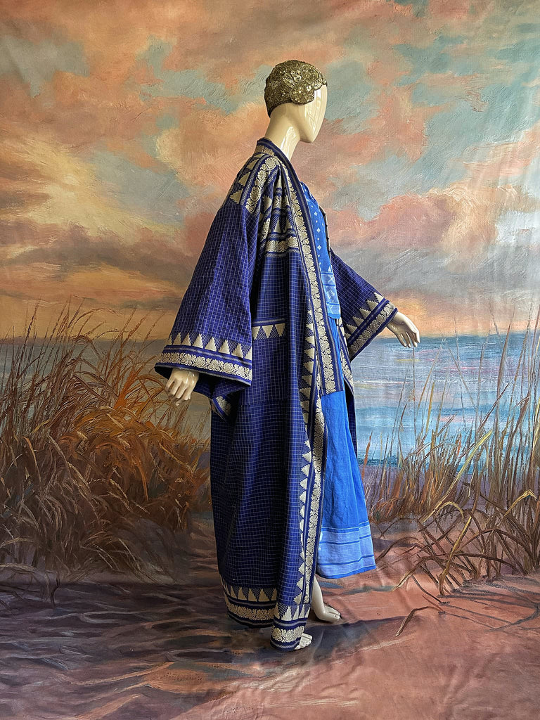 Indigo blue hand-loomed pure cotton lined kimono robe. Bohemian styles created from vintage and antique textiles in the UK by the Pavilion Parade studio.