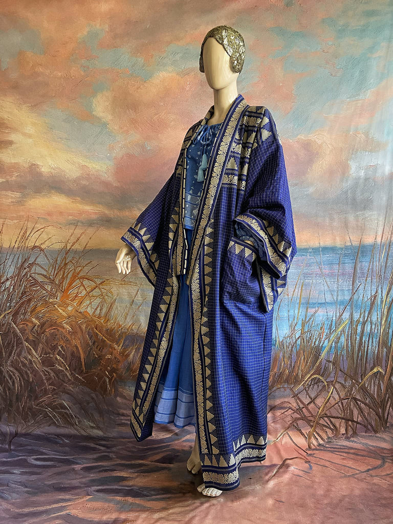 Indigo blue hand-loomed pure cotton lined kimono robe. Bohemian styles created from vintage and antique textiles in the UK by the Pavilion Parade studio.