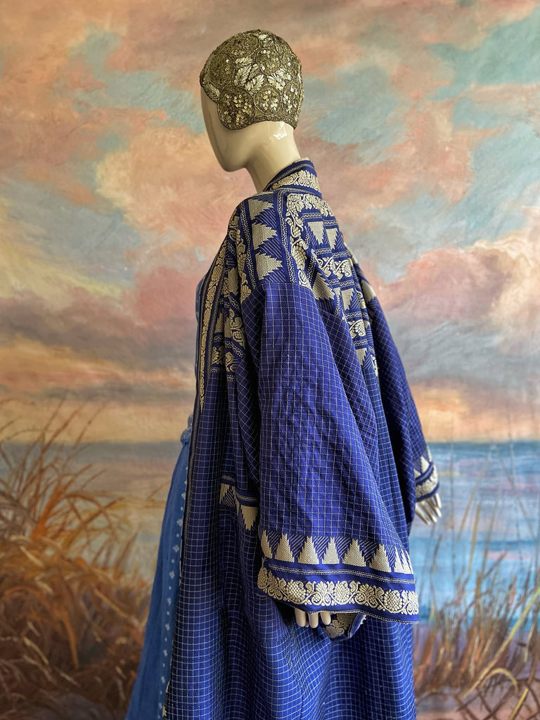 Indigo blue hand-loomed pure cotton lined kimono robe. Bohemian styles created from vintage and antique textiles in the UK by the Pavilion Parade studio.