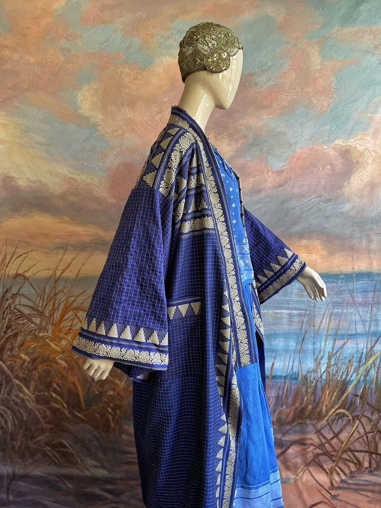 Indigo blue hand-loomed pure cotton lined kimono robe. Bohemian styles created from vintage and antique textiles in the UK by the Pavilion Parade studio.