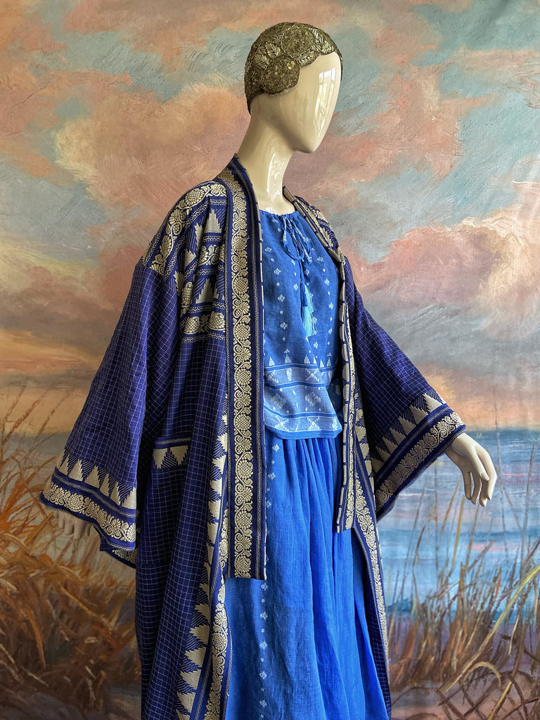 Indigo blue hand-loomed pure cotton lined kimono robe. Bohemian styles created from vintage and antique textiles in the UK by the Pavilion Parade studio.