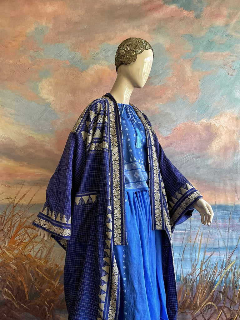 Indigo blue hand-loomed pure cotton lined kimono robe. Bohemian styles created from vintage and antique textiles in the UK by the Pavilion Parade studio.