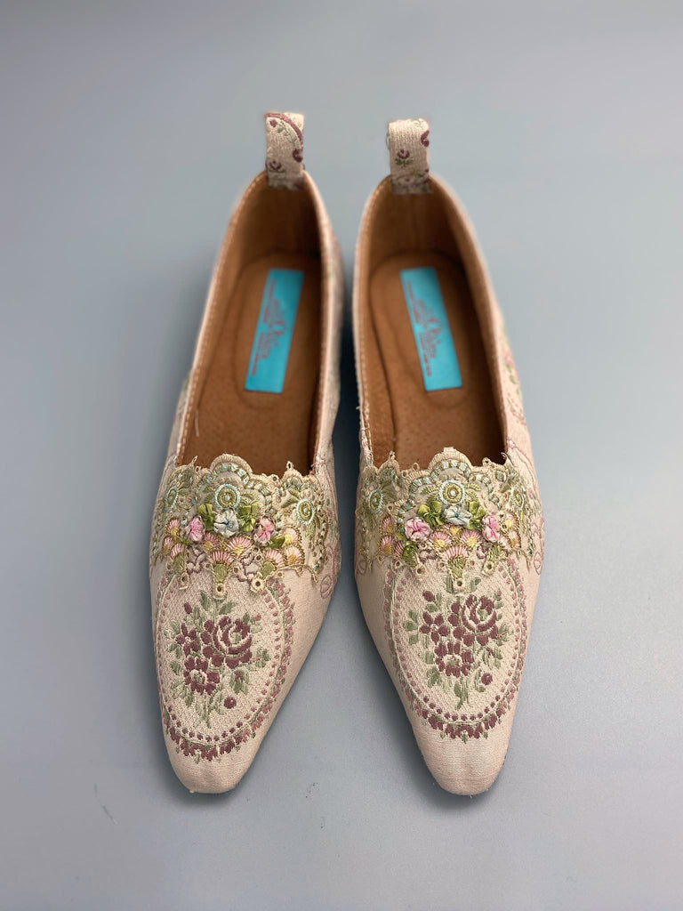 Ivory and lavender silk and linen rose cartouche Regency dancing slippers. Sustainably created from antique textiles and embellishments by the Pavilion Parade studio