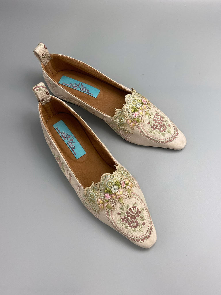 Ivory and lavender silk and linen rose cartouche Regency dancing slippers. Sustainably created from antique textiles and embellishments by the Pavilion Parade studio