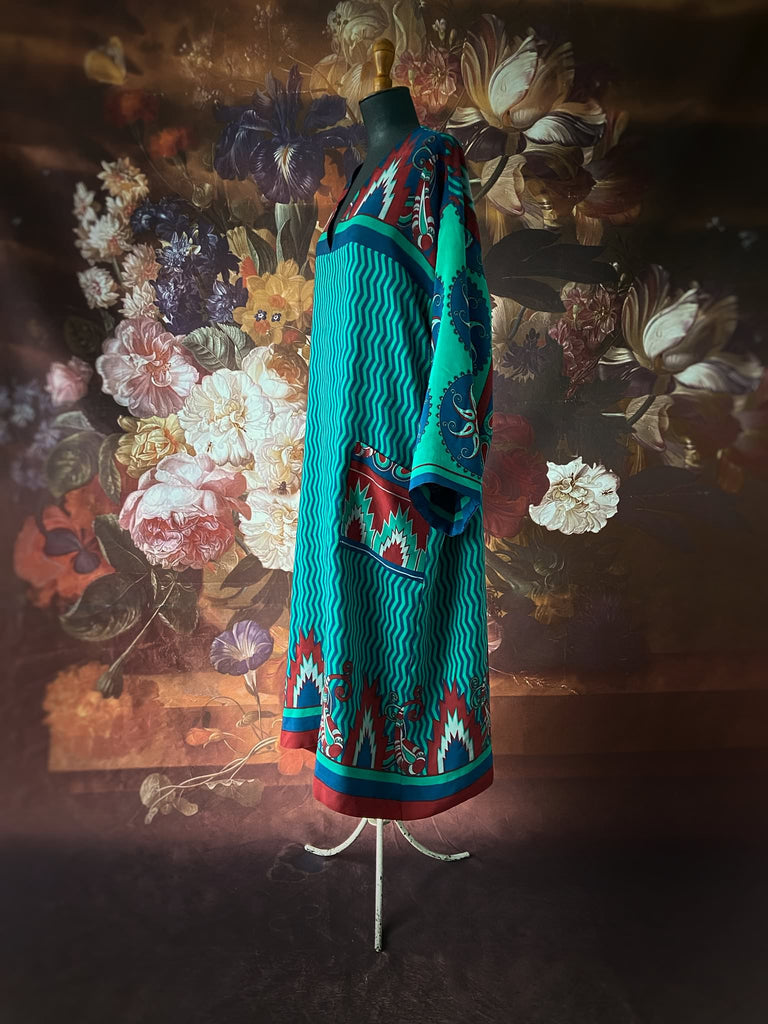 Jade green, cobalt blue and scarlet silk crepe caftan dress with wide sleeves, V neck and pockets. Bohemian style created from antique and vintage textiles by the Pavilion Parade studio.