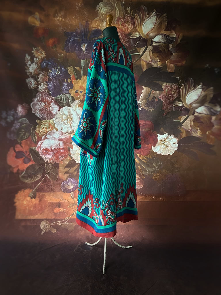 Jade green, cobalt blue and scarlet silk crepe caftan dress with wide sleeves, V neck and pockets. Bohemian style created from antique and vintage textiles by the Pavilion Parade studio.