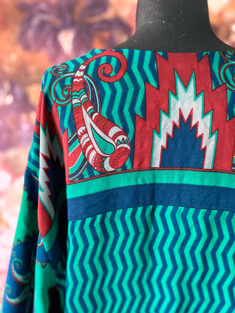 Jade green, cobalt blue and scarlet silk crepe caftan dress with wide sleeves, V neck and pockets. Bohemian style created from antique and vintage textiles by the Pavilion Parade studio.