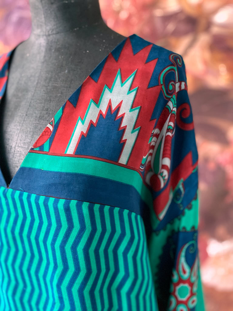 Jade green, cobalt blue and scarlet silk crepe caftan dress with wide sleeves, V neck and pockets. Bohemian style created from antique and vintage textiles by the Pavilion Parade studio.