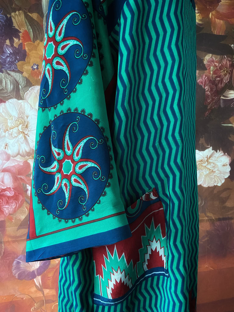 Jade green, cobalt blue and scarlet silk crepe caftan dress with wide sleeves, V neck and pockets. Bohemian style created from antique and vintage textiles by the Pavilion Parade studio.
