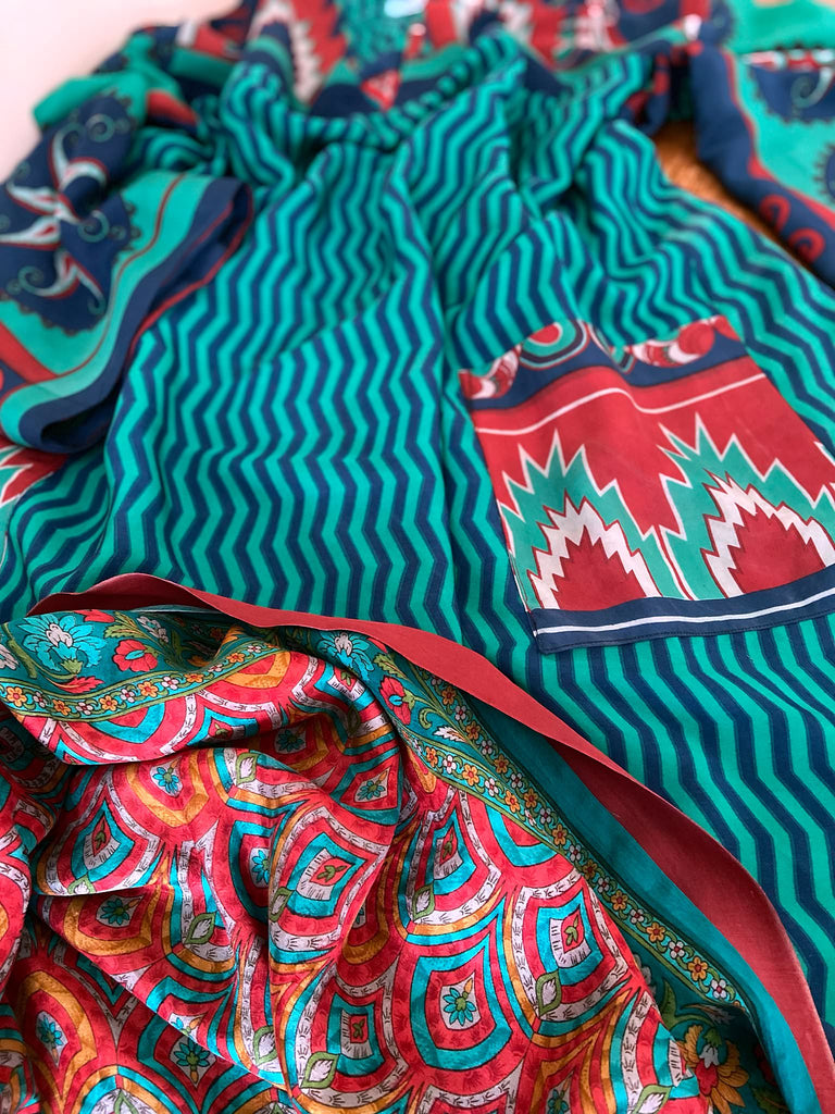 Jade green, cobalt blue and scarlet silk crepe caftan dress with wide sleeves, V neck and pockets. Bohemian style created from antique and vintage textiles by the Pavilion Parade studio.