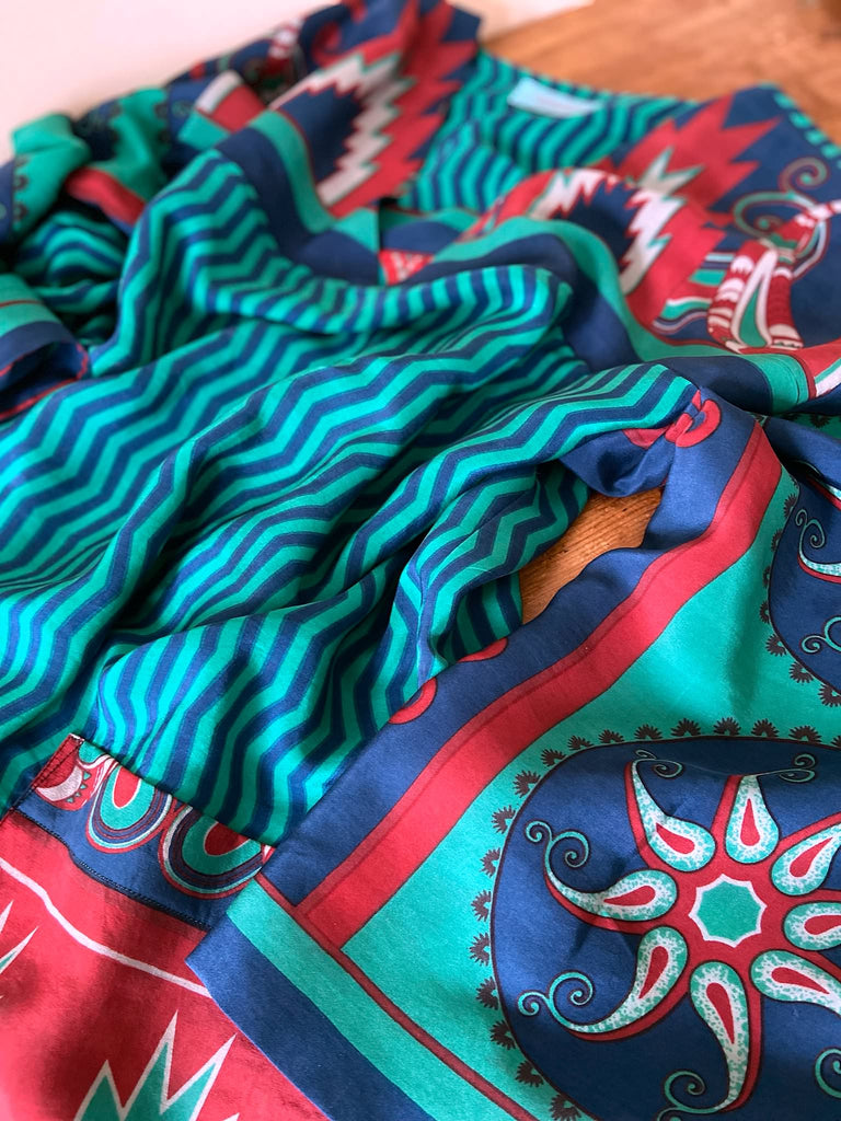 Jade green, cobalt blue and scarlet silk crepe caftan dress with wide sleeves, V neck and pockets. Bohemian style created from antique and vintage textiles by the Pavilion Parade studio.