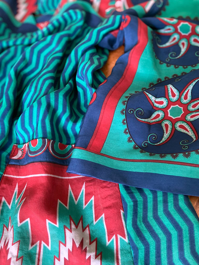 Jade green, cobalt blue and scarlet silk crepe caftan dress with wide sleeves, V neck and pockets. Bohemian style created from antique and vintage textiles by the Pavilion Parade studio.