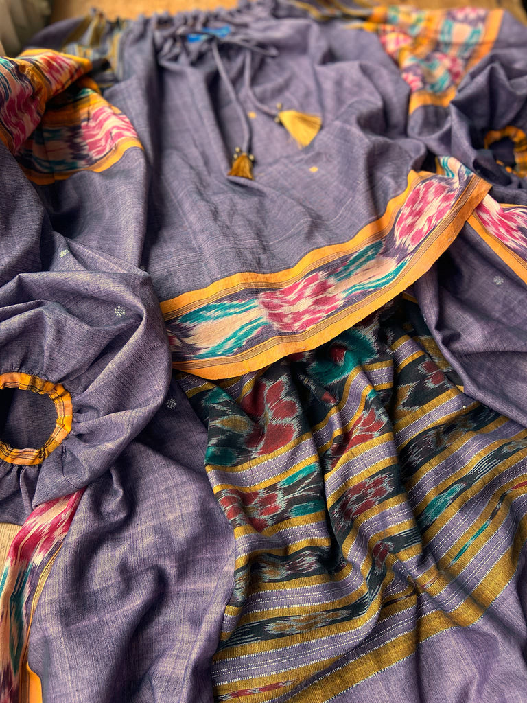 Lavender, mustard yellow, and teal fine cotton Ikat beach pyjamas with full sleeved drawstring neckline blouse and drawstring Ottoman harem pants. Bohemian styles created from  vintage and antique textiles by the Pavilion Parade studio