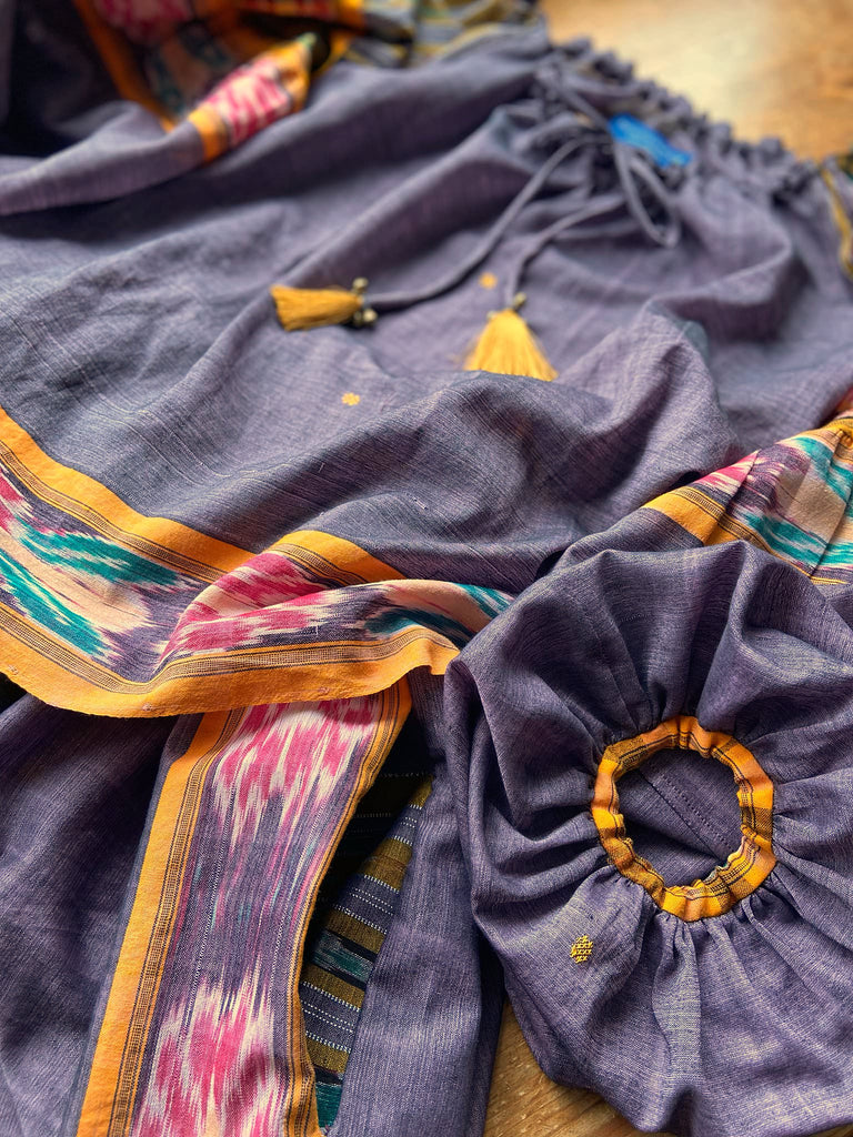 Lavender, mustard yellow, and teal fine cotton Ikat beach pyjamas with full sleeved drawstring neckline blouse and drawstring Ottoman harem pants. Bohemian styles created from  vintage and antique textiles by the Pavilion Parade studio