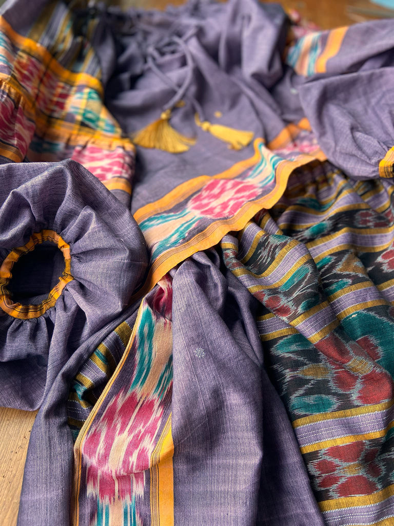 Lavender, mustard yellow, and teal fine cotton Ikat beach pyjamas with full sleeved drawstring neckline blouse and drawstring Ottoman harem pants. Bohemian styles created from  vintage and antique textiles by the Pavilion Parade studio