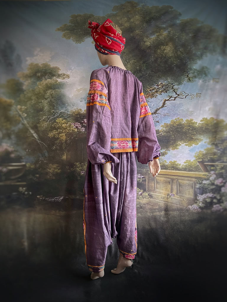Lavender, mustard yellow, and teal fine cotton Ikat beach pyjamas with full sleeved drawstring neckline blouse and drawstring Ottoman harem pants. Bohemian styles created from  vintage and antique textiles by the Pavilion Parade studio