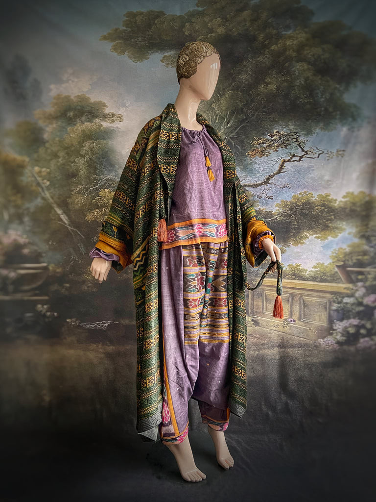 Lavender, mustard yellow, and teal fine cotton Ikat beach pyjamas with full sleeved drawstring neckline blouse and drawstring Ottoman harem pants. Bohemian styles created from  vintage and antique textiles by the Pavilion Parade studio