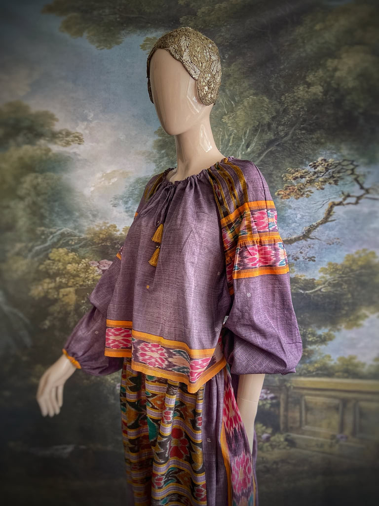 Lavender, mustard yellow, and teal fine cotton Ikat beach pyjamas with full sleeved drawstring neckline blouse and drawstring Ottoman harem pants. Bohemian styles created from  vintage and antique textiles by the Pavilion Parade studio