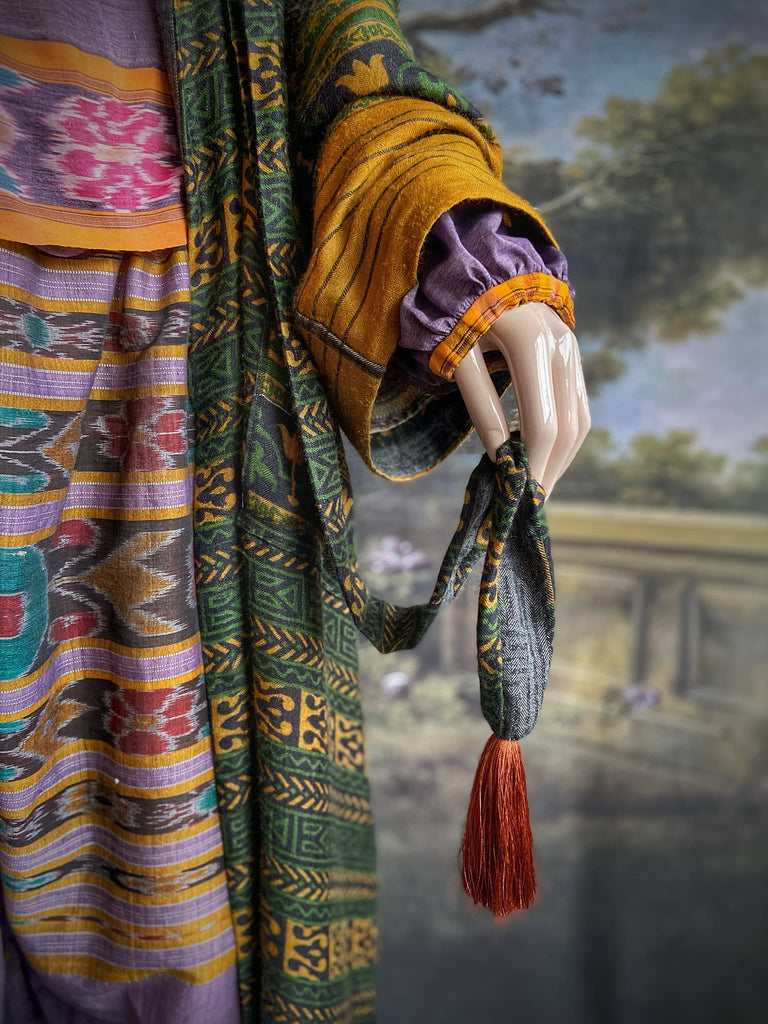 Lavender, mustard yellow, and teal fine cotton Ikat beach pyjamas with full sleeved drawstring neckline blouse and drawstring Ottoman harem pants. Bohemian styles created from  vintage and antique textiles by the Pavilion Parade studio