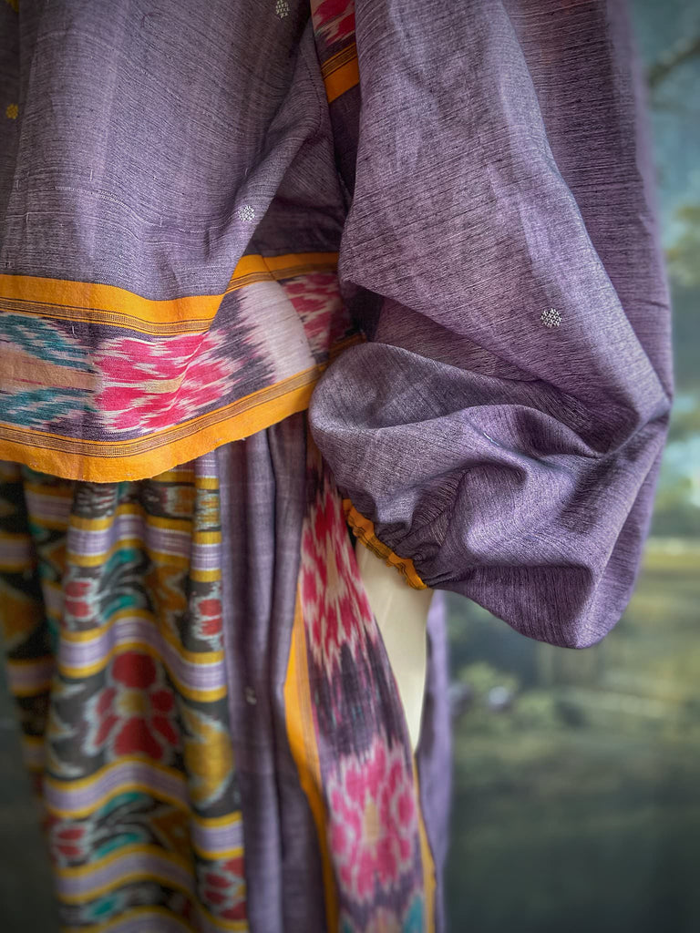 Lavender, mustard yellow, and teal fine cotton Ikat beach pyjamas with full sleeved drawstring neckline blouse and drawstring Ottoman harem pants. Bohemian styles created from  vintage and antique textiles by the Pavilion Parade studio