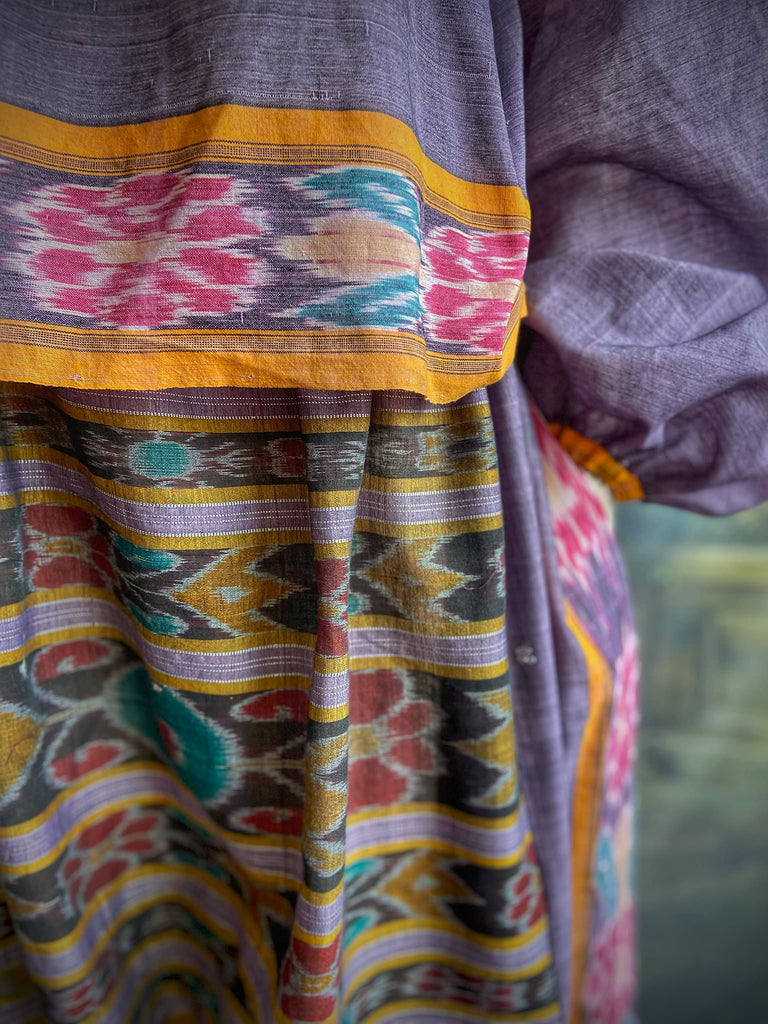 Lavender, mustard yellow, and teal fine cotton Ikat beach pyjamas with full sleeved drawstring neckline blouse and drawstring Ottoman harem pants. Bohemian styles created from  vintage and antique textiles by the Pavilion Parade studio