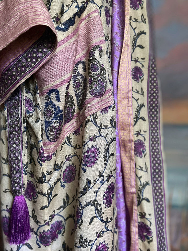 Pale lavender and lilac fine wool robe with silk lining. Wide sleeves, pockets , and tassel sash. Sustainably created from antique and vintage textiles by the Pavilion Parade studio