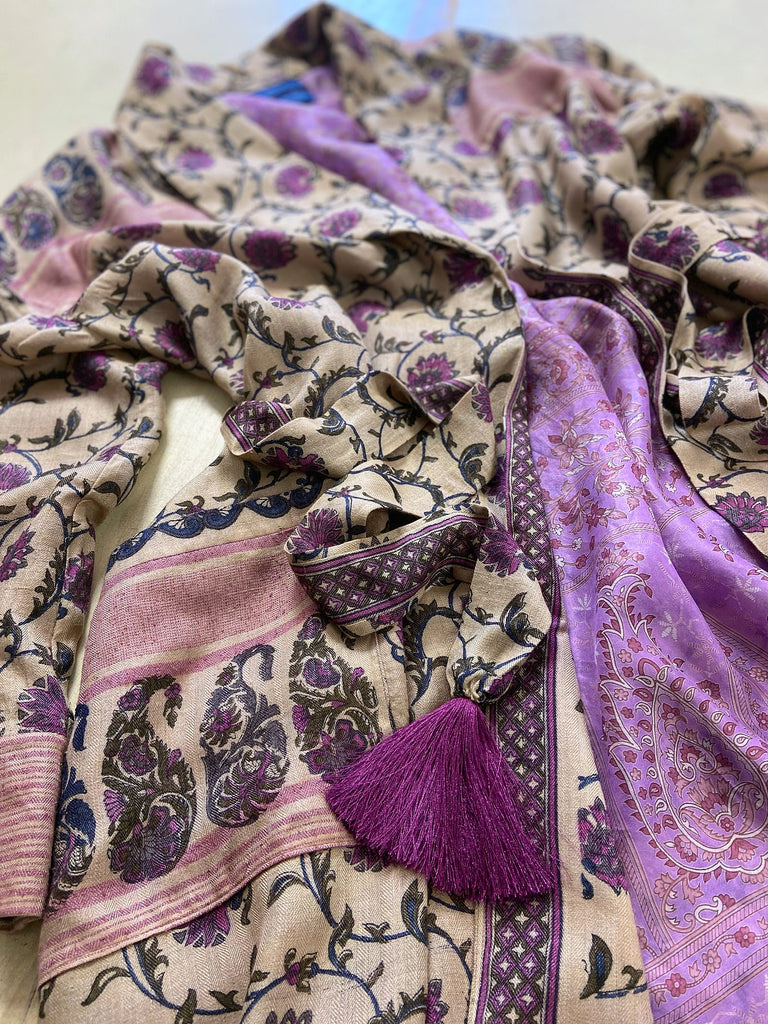 Pale lavender and lilac fine wool robe with silk lining. Wide sleeves, pockets , and tassel sash. Sustainably created from antique and vintage textiles by the Pavilion Parade studio