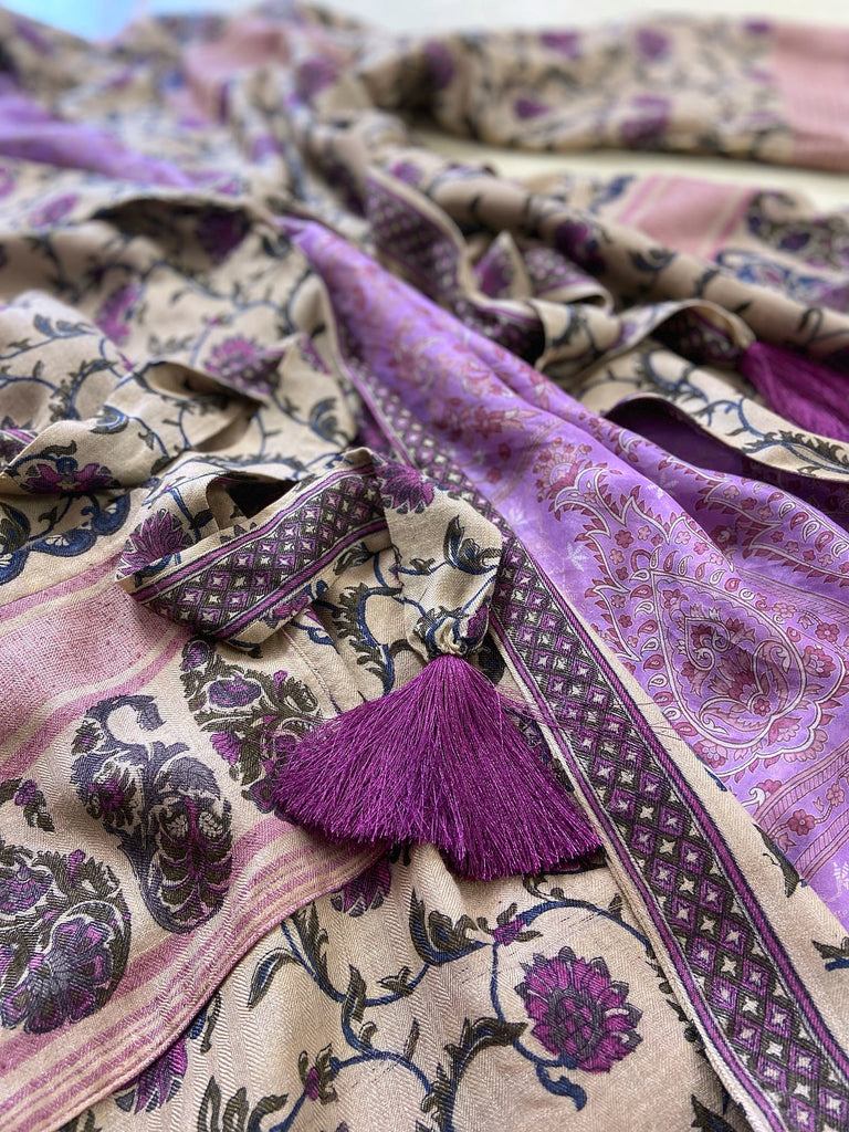 Pale lavender and lilac fine wool robe with silk lining. Wide sleeves, pockets , and tassel sash. Sustainably created from antique and vintage textiles by the Pavilion Parade studio