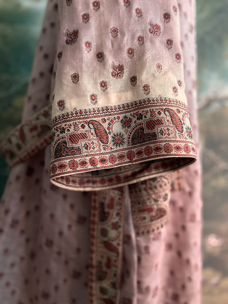 Pale lavender, ivory, and burnt orange silk robe with wide sleeves, tassel sash, and deep pockets. Unique bohemian styles sustainably created from vintage textiles by the Pavilion Parade studio.