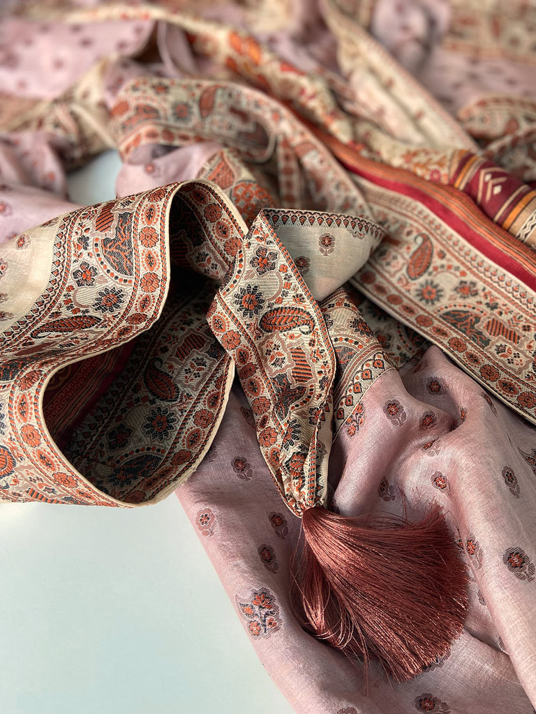 Pale lavender, ivory, and burnt orange silk robe with wide sleeves, tassel sash, and deep pockets. Unique bohemian styles sustainably created from vintage textiles by the Pavilion Parade studio.