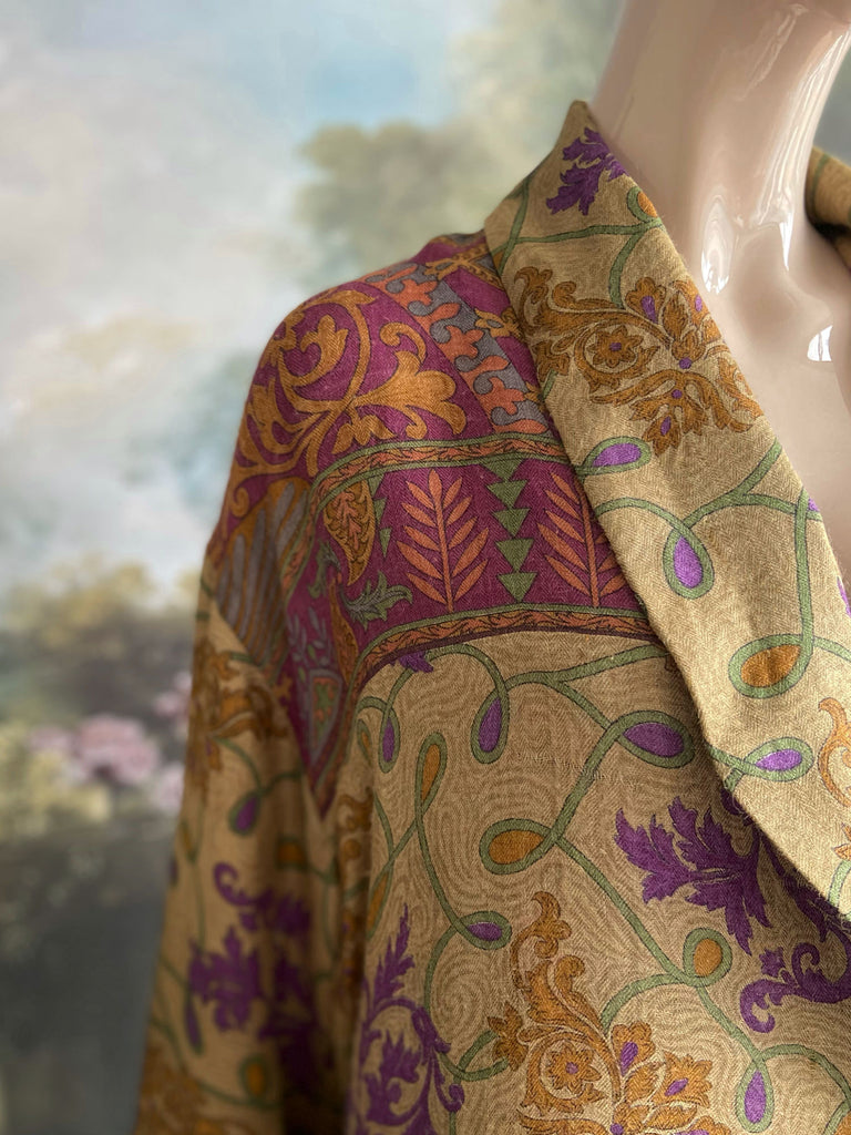 Lavender, sage green and saffron fine wool dressing robe with silk lining and tassel sash. Bohemian style created from vintage textiles by Pavilion Parade 