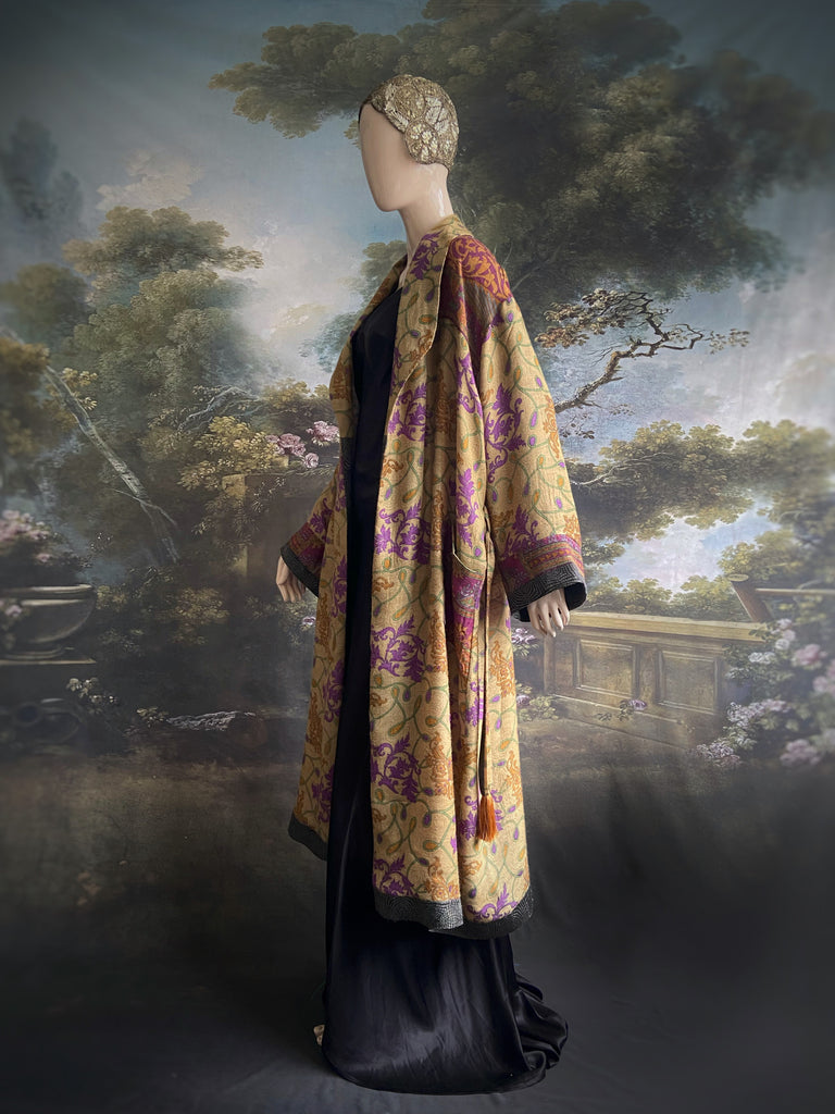 Lavender, sage green and saffron fine wool dressing robe with silk lining and tassel sash. Bohemian style created from vintage textiles by Pavilion Parade 