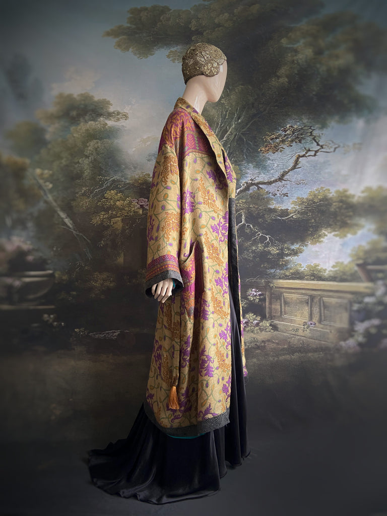 Lavender, sage green and saffron fine wool dressing robe with silk lining and tassel sash. Bohemian style created from vintage textiles by Pavilion Parade 