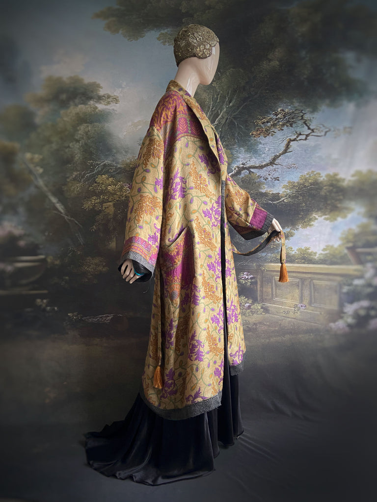 Lavender, sage green and saffron fine wool dressing robe with silk lining and tassel sash. Bohemian style created from vintage textiles by Pavilion Parade 