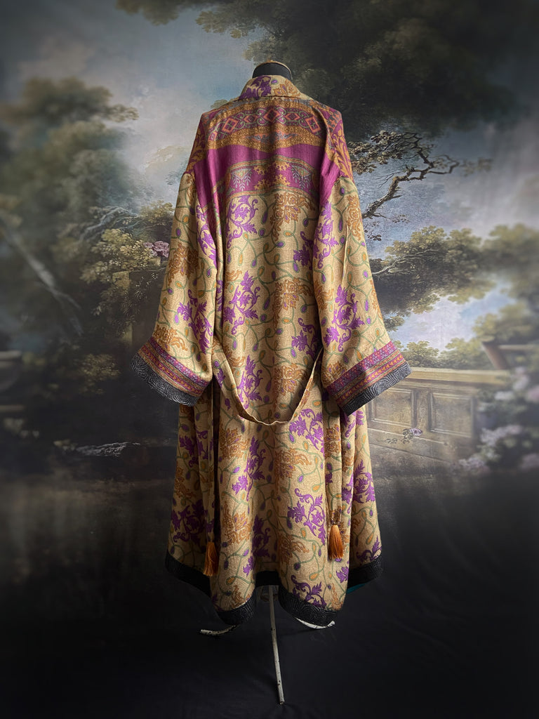 Lavender, sage green and saffron fine wool dressing robe with silk lining and tassel sash. Bohemian style created from vintage textiles by Pavilion Parade 